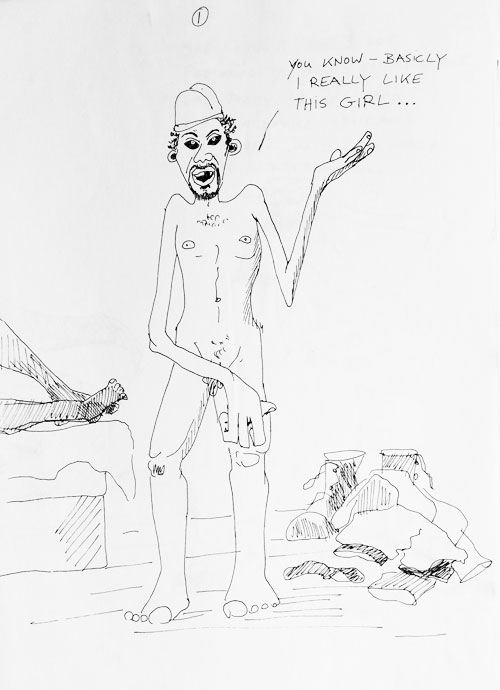 Cartoon in Fineliner: nackter Mann am Bettende
