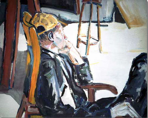 Malerei: Mann im Sessel im Anzug, schaut in die Ferne