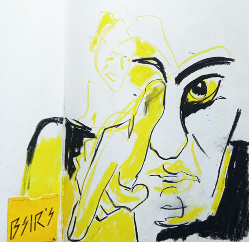 Ölkreide-Skizze: Mann zielt mit dem Finger, schwarz, gelb