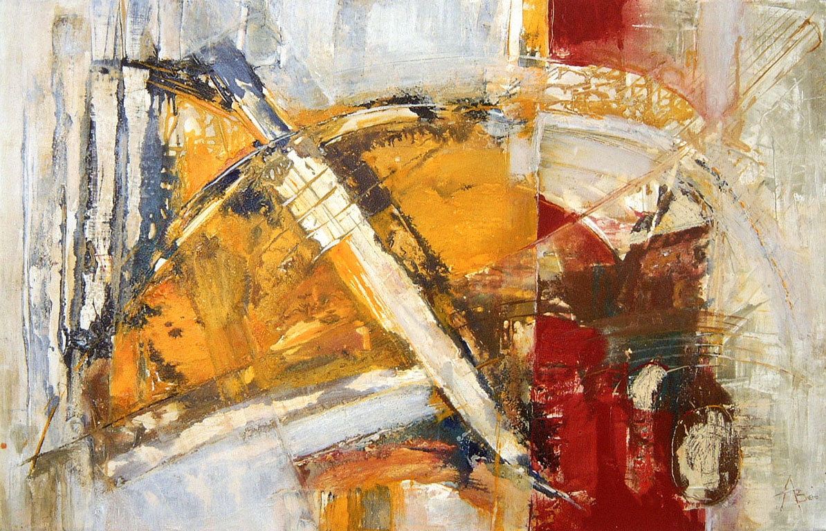 abstrakte Malerei: Spachteltechnik, gelb, rot, weiß, braun, grau