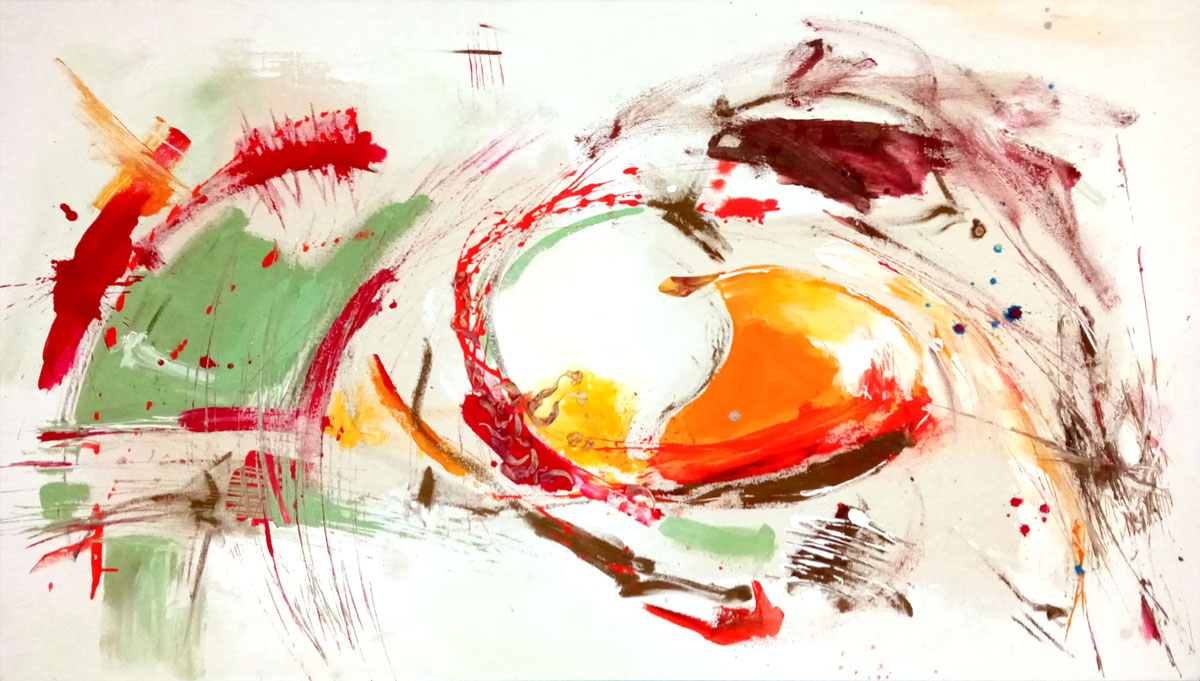 Malerei, Tachismus: rot,orange,gelb, braun + türkis auf weiß