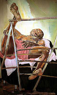 Aktmalerei: Mann rücklings im Bett, Beine auf Holzständer