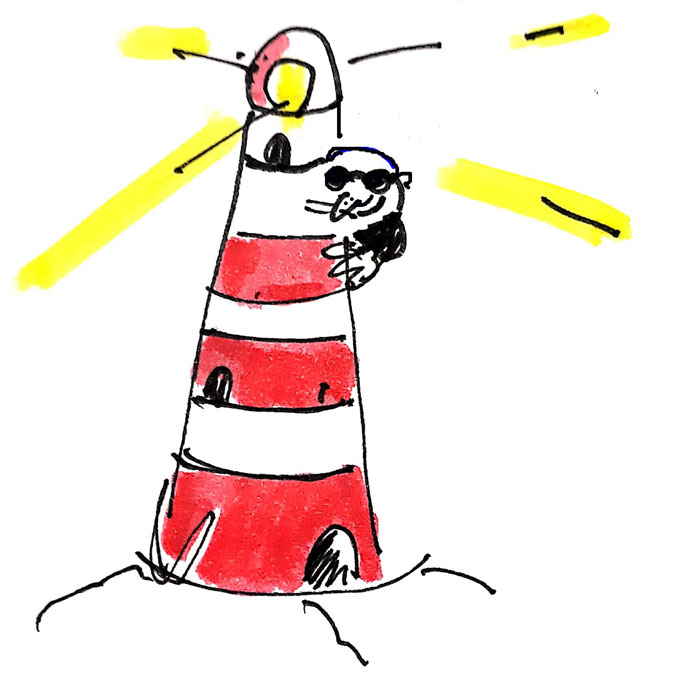 Cartoon vom Maulwurf am leuchtendem Leuchtturm